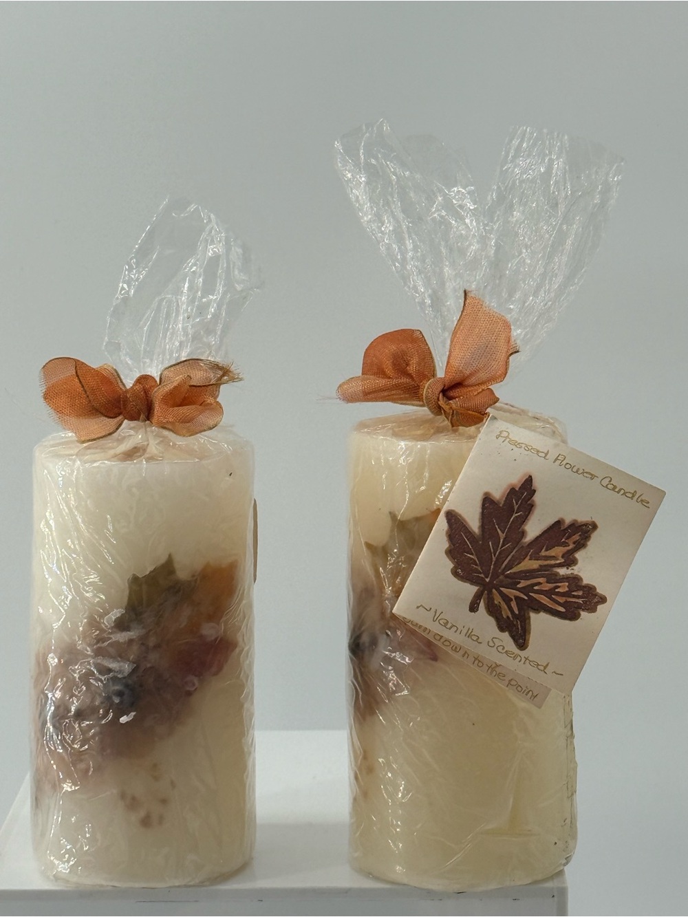 Vanilla Scented Cream Pillar Candle with Pressed Leaves - Set of 2